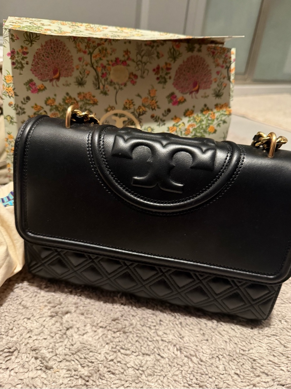 Tory Burch Fleming Black Quilted Leather Shoulder Bag